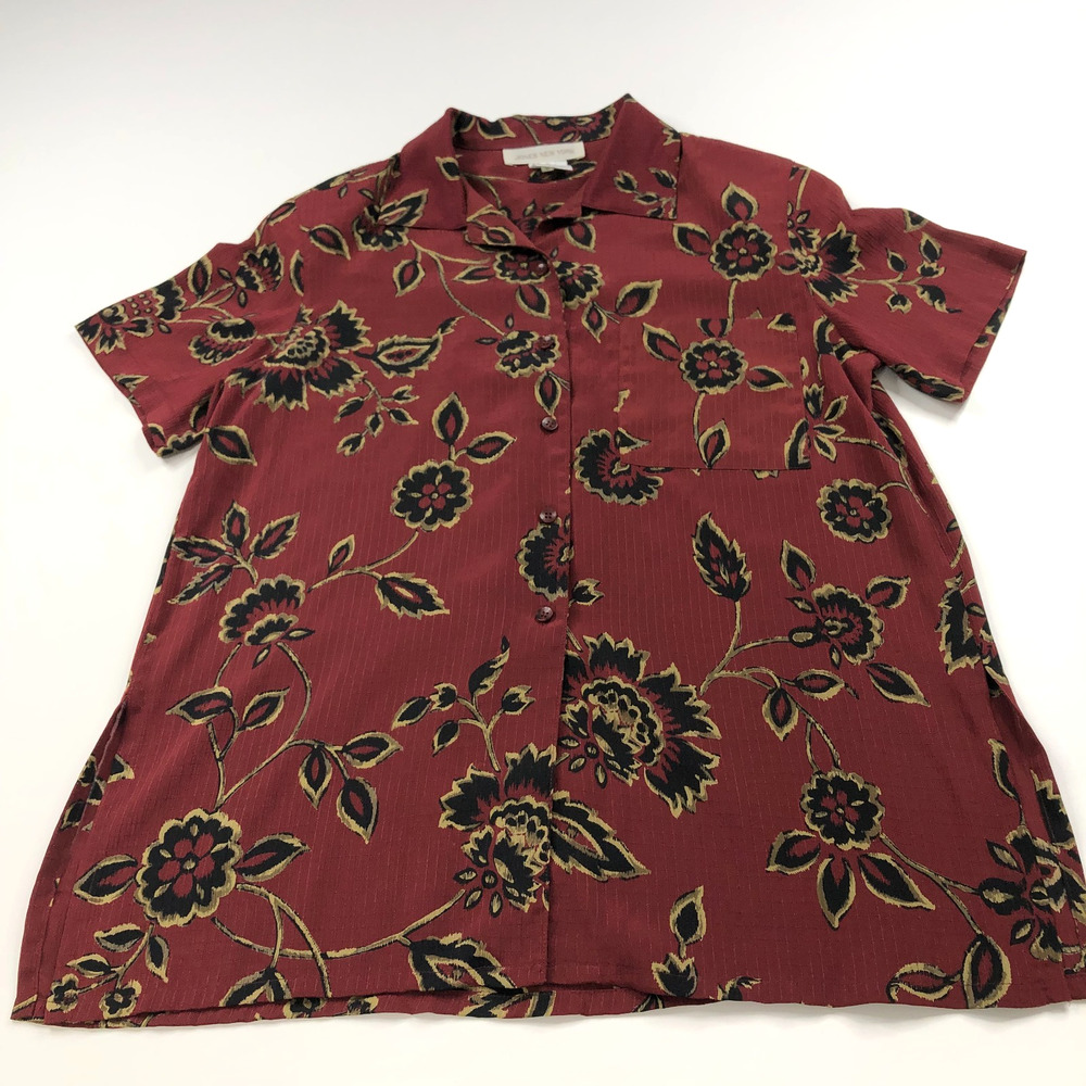 Jones New York 8 100% Silk Button Short Sleeve Shirt Red All Over Print Leaf